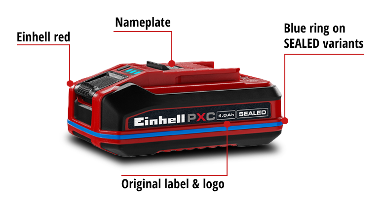 Einhell Power X-Change battery with red housing, black top and blue ring indicating SEALEAD version, labeled Einhell PXC 4.0Ah SEALEAD.